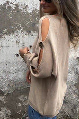 Solid Color Round Neck Hollow Long Sleeve Loose Knitted Sweater