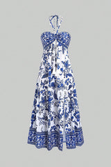 Bohemian Holiday Style Unique Print Halter Neck Tie Slit Midi Dress