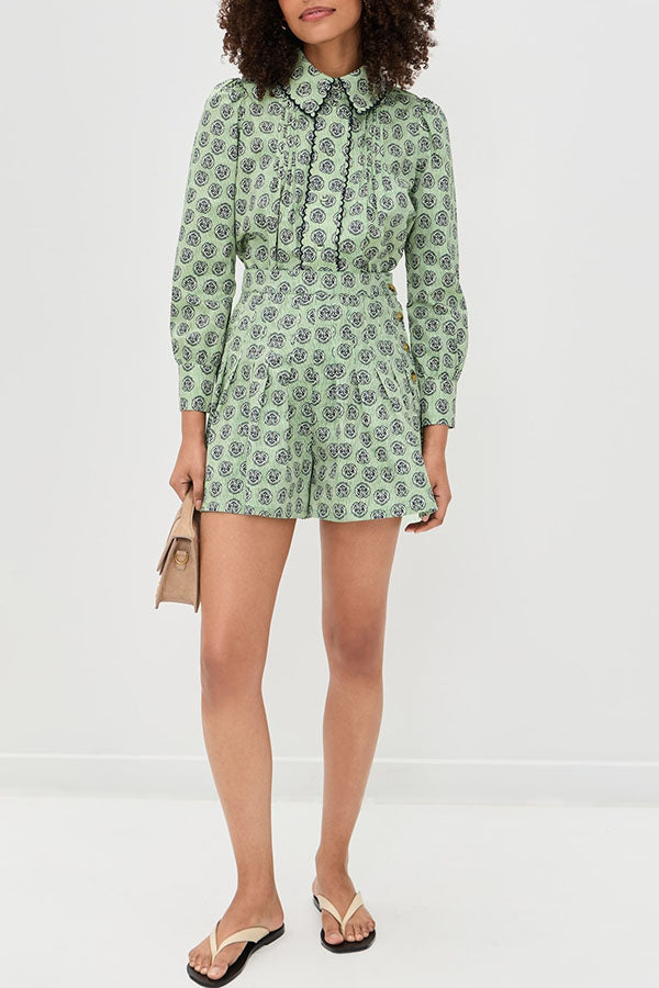 Deelia Unique Print Scalloped Edges Long Sleeve Blouse and Pleated Button Waist Flare Shorts Set