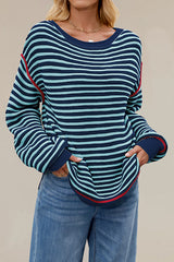 Striped Knit Loose-fitting Crew Neck Long-sleeved Casual Sweater
