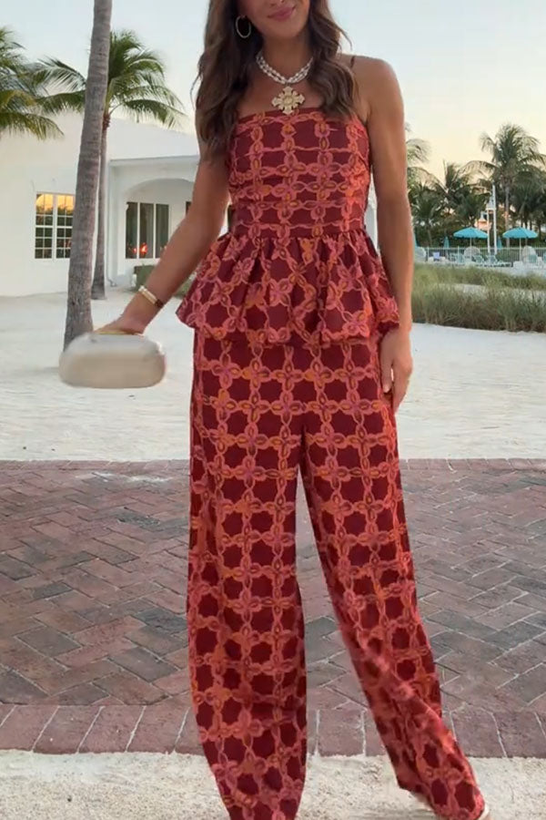 Chainlink Printed Bubble Back Pleated Slip Top and Elastic Waist Pocket Loose Pants Set