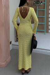 Fashion V-neck Long-sleeved Hollow Slim Maxi Dress