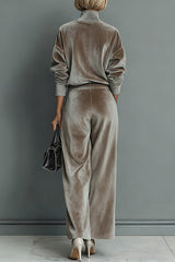 Stylish Velvet Turtleneck Long-sleeved Top and Casual Pocket Wide-leg Pants Set