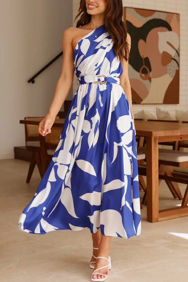 Unique Printed One-Shoulder Belt Casual Holiday Maxi Dress