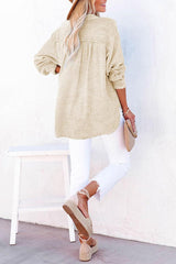 Solid Color Long Sleeve Pleated Button Loose Top