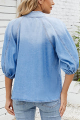 Fashion Loose Bow Lantern Sleeve Casual Denim Shirt