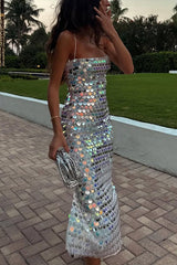 Sexy Sequined Halter-neck Backless Slim Fit Slit Midi Dress
