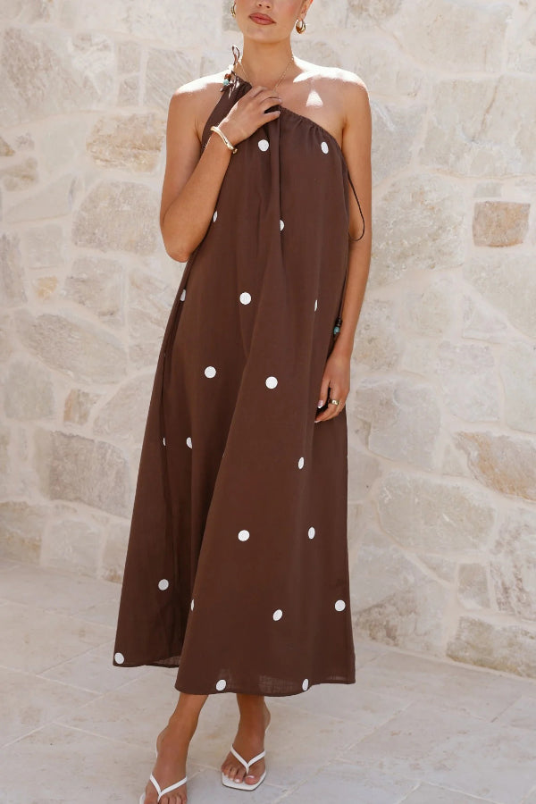 Polka Dot Print Sleeveless One-shoulder Tie-up Casual Vacation Maxi Dress