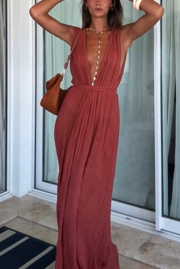 Resort Style V-neck Tie Pleated Casual Jumpsuit