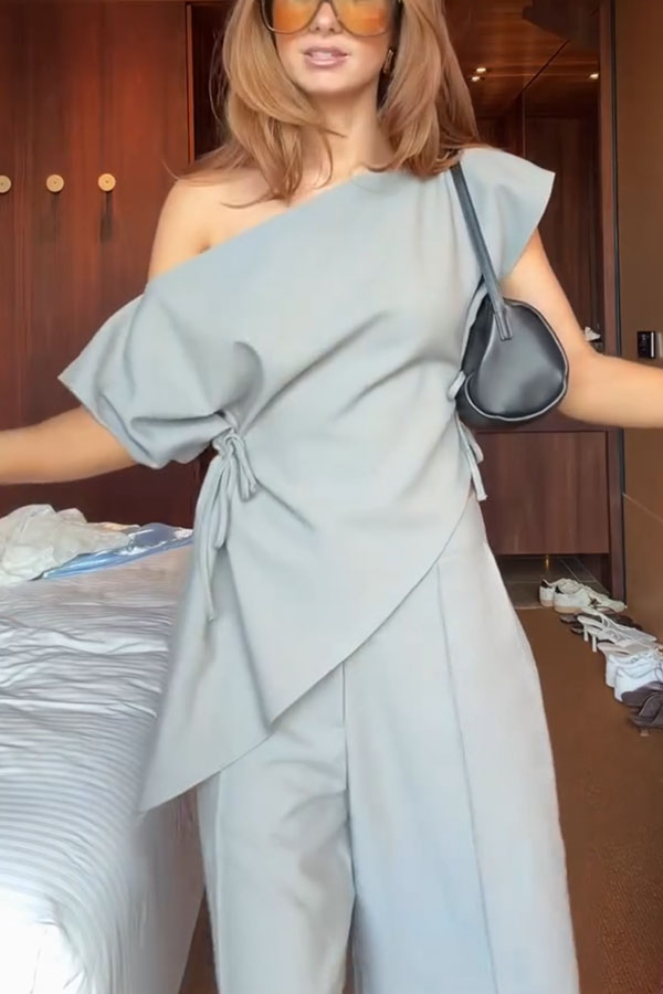 Modern Stylish Off Shoulder Side Lace-up Top and Mid Rise Pocket Bermuda Shorts Set