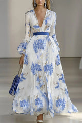 Floral Print V-neck Long-sleeved Waist-tied Maxi Dress