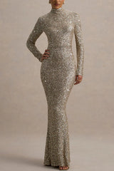 Galaxy Premium Sequin Turtle Neck Long Sleeve Maxi Dress