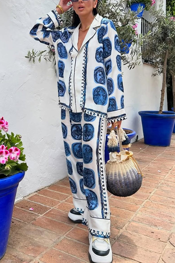 Unique Print Lapel Long Sleeve Shirt and Elastic Waist Wide Leg Pants Set