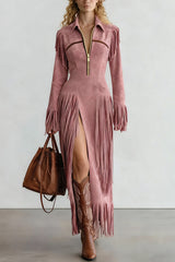 Stylish Suede Tassel Long-sleeved Slim-fit Maxi Dress