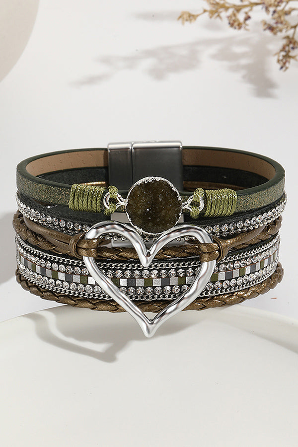 Bohemian Leather Cord Multi-layered Raw Stone Heart Bracelet