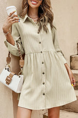 Textured Roll-Up Sleeve Button Front Dress