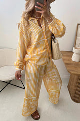 Holiday Style Unique Print Long Sleeve Lapel Loose Shirt and Elastic Waist Casual Pocket Pants Set