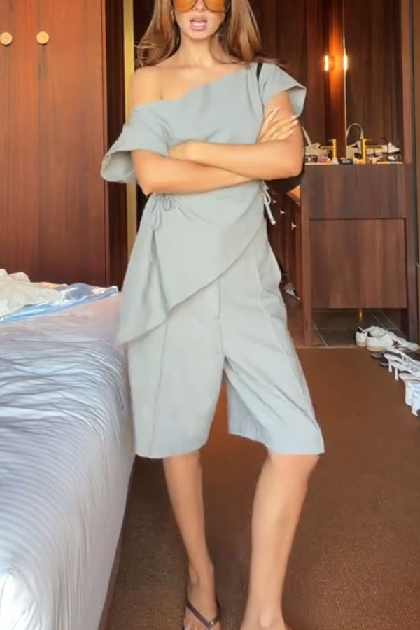 Modern Stylish Off Shoulder Side Lace-up Top and Mid Rise Pocket Bermuda Shorts Set