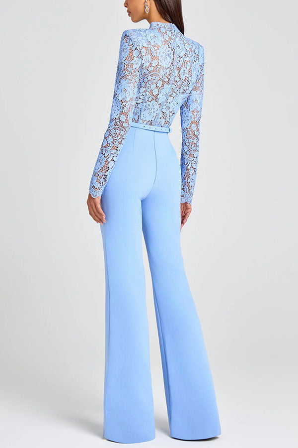 Party Charmer Flower Lace Patchwork Long Sleeve Bow Belted Flare Jumpsuit