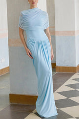 Elegant Mesh Cape-style Pleated Draped Maxi Dress