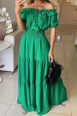 Admit Your Feelings Off Shoulder Smocked Waist Maxi Dress