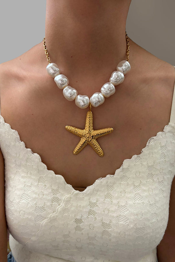 Bohemian Pearl Starfish Lotus Leaf Necklace