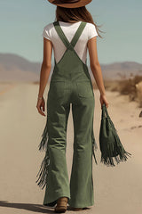 Stylish Suede Tassel Button Pocket Casual Wide-leg Overalls