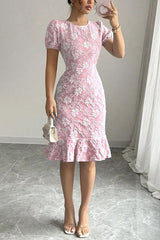 Floral Pattern Round Neck Puff Sleeve Fitted Midi Dress