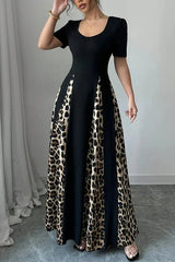 Fashionable Leopard Print Patchwork Slim Short-sleeved Maxi Dress