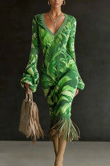 Unique Printed V-neck Long-sleeved Elegant Tassel Hem Midi Dress