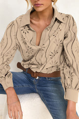 Fashion Hollow Puff Sleeve Casual Lapel Loose Shirt