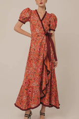 Bohemian Floral Print Elegant Puff Sleeve Holiday Maxi Dress