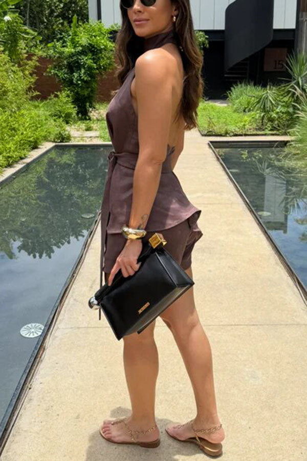 Sira Linen Blend Tie-up Halter Backless Tank and Elastic Waist Pocket Loose Shorts Set