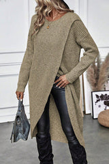 Solid Color Round Neck Long Sleeve Loose Slit Knitted Sweater