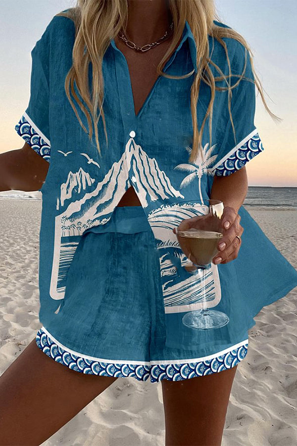 Casual Holiday Print Loose Button Elastic Waist Shorts Set