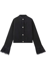 Solid Color Elegant Feather Long Sleeve Casual Knitted Cardigan