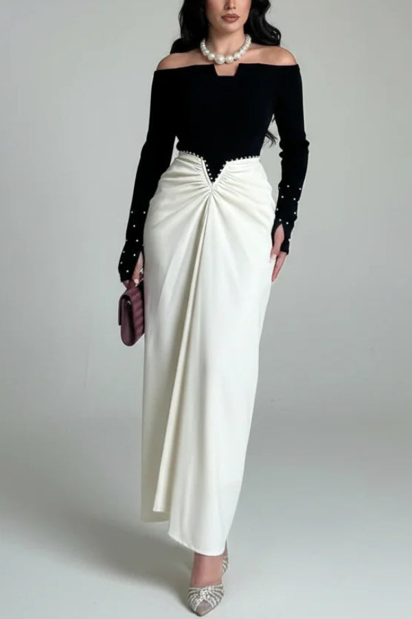 Stylish Pearl-embellished Elegant Off-shoulder Long-sleeved Draped Maxi Dress