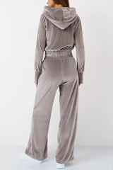 Solid Color Velvet Hooded Zip-up Sweatshirt and Elastic Waist Casual Pocket Straight-leg Pants Set