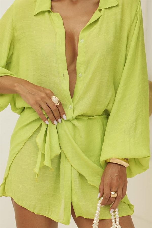 Kala Linen Blend Button Balloon Sleeve Blouse and Elastic Waist Warp Tie-up Mini Skirt Set