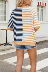 Striped Color Block Print Crew Neck Short Sleeve Loose Top