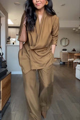 Bella Satin Drape Collar Single Button Casual Blazer and Elastic Waist Pocket Loose Pants Set