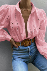 Fashion Hollow Puff Sleeve Casual Lapel Loose Shirt