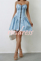 Fashionable Patchwork Suspender Zipper Slim Denim Mini Dress
