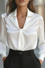 Satin Solid Color Pleated Long-sleeved Casual Shirt