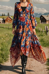 Floral Print V-Neck Long Sleeve Vintage High Waist Midi Dress