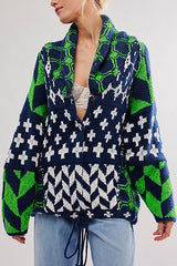 Unique Pattern Lapel Loose Long-sleeved Knitted Sweater