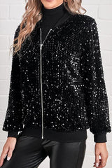 Fashionable Sequined Long-sleeved Zip-up Casual Jacket