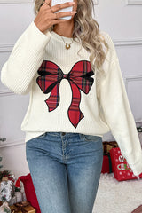 Christmas Plaid Bowknot Round Neck Long Sleeve Loose Knitted Sweater
