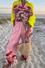 Floral Python Print Oversized Shirt and Elastic Waist Pocket Pants Set