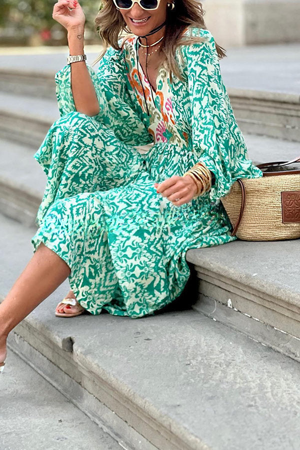 Adorable Days Totem Print V-neck Back Tie Up Vacation Maxi Dress